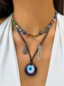 Boho Colorful Bead Decor Evil Eye Charm Necklace As Gift for Girlfriend, 4pcs Fashion Jewelry for Party, Daily Clothing Decor, Trendy All-match & Exquisite Jewelry for Birthday Gift without Box