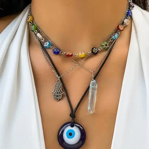 Boho Colorful Bead Decor Evil Eye Charm Necklace As Gift for Girlfriend, 4pcs Fashion Jewelry for Party, Daily Clothing Decor, Trendy All-match & Exquisite Jewelry for Birthday Gift without Box