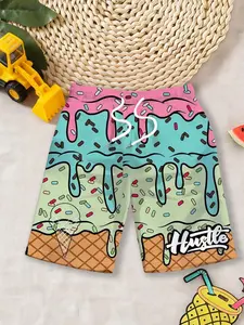 Boys' quick-drying beach shorts "Ice Cream Lava Fun Style" Swimwear Shorts feature contrasting color lava prints, which are cute and refreshing, fully enhancing the ambiance of summer pool or seaside water play~