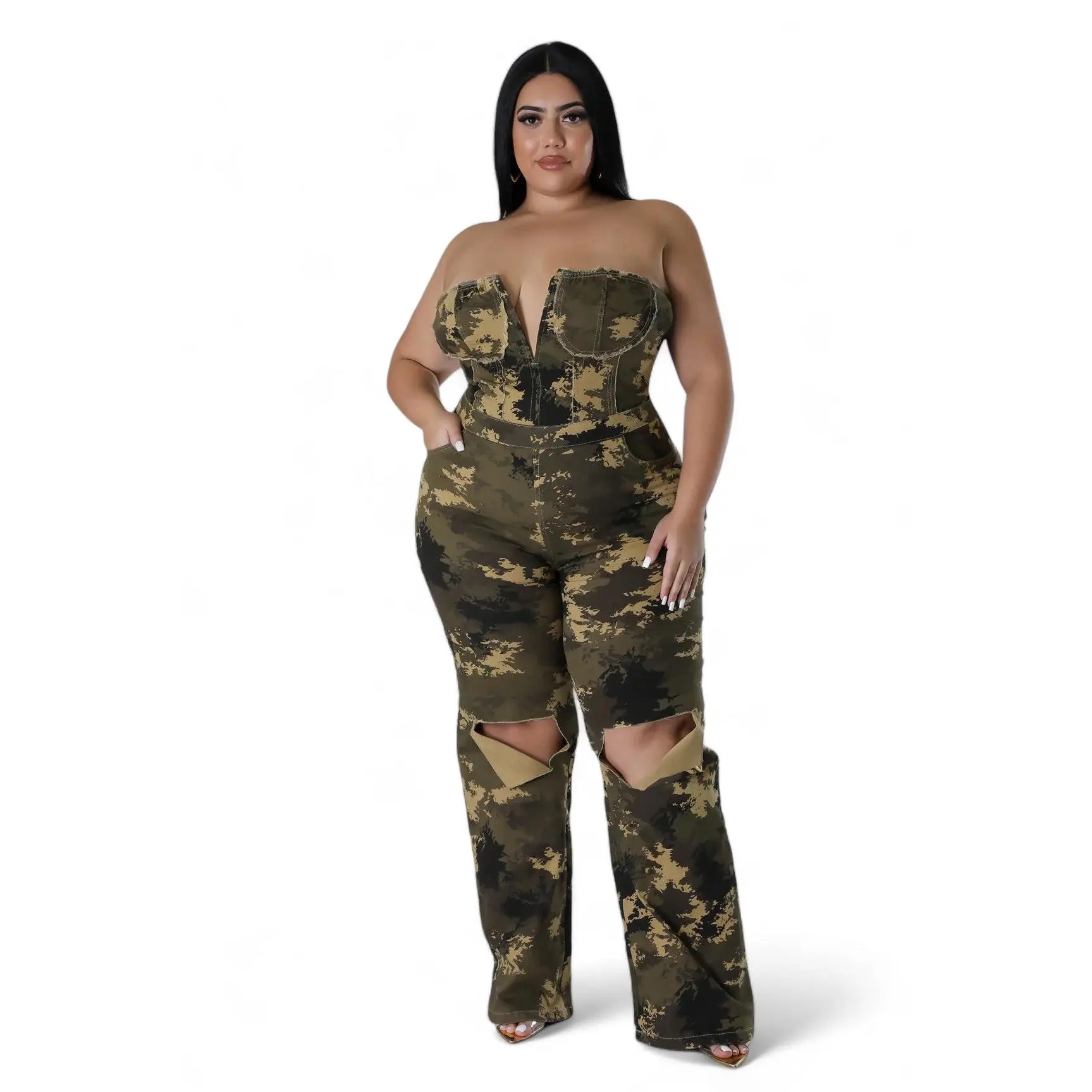 Curvy Camouflage Strapless Jumpsuit