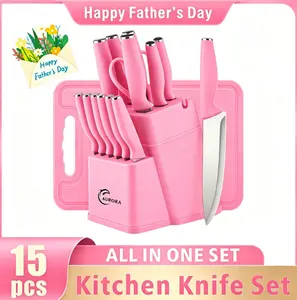 Deals for You Days 15-pcs knife set with solid wood & plastic holders, includes Japanese, meat, bone-cutting, & German steak knives. Colorful stainless steel, practical &gift-worthy, modern kitchenware.