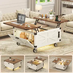 bimiti Farmhouse Dual Lift Top Coffee Table with Lockable wheels, 37"Wood Square Center Table with Large Hidden Compartment Storage, Charging station, Smart lights, Rustic Table for Living Room,White