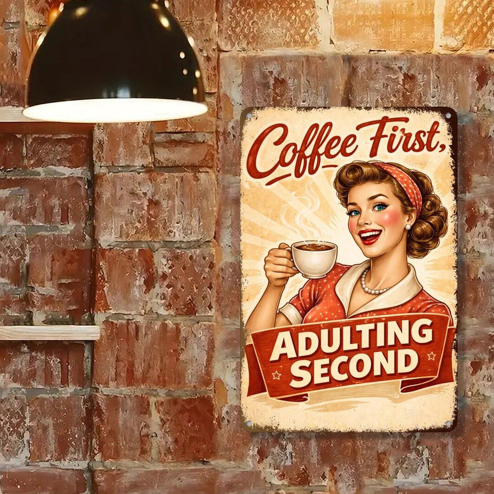 Funny Coffee Metal Sign 8x12 Inch Vintage Retro Kitchen Wall Decor Rustic Funny Quote Sign “Coffee First, Adulting Second” Gift for Coffee Lovers sticker shopping