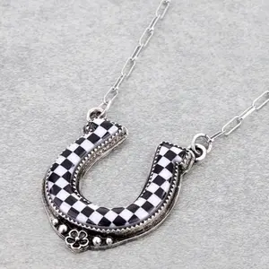 Western Checker Pattern Horseshoe Necklace with Unique Black and White Checkered Design
