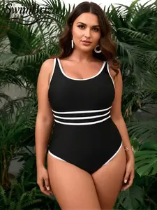 Briza｜Scoop Neck One Piece Swimsuit In Black With White Stripe Trim, Plus Size Swimwear And Plus Size Swimsuits Crafted As A Supportive Bathing Suit And Swimsuit For Women And Vacation Swimwear For Women For Pool Party Confidence
