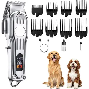 Clippers for  Thick Hair, Upgrade Low Noise Pet  with 8 Size Detachable Combs for Heavy Curly Hair, Rechargeable Metal  Clipper  Kit for Dogs  (Silvery)