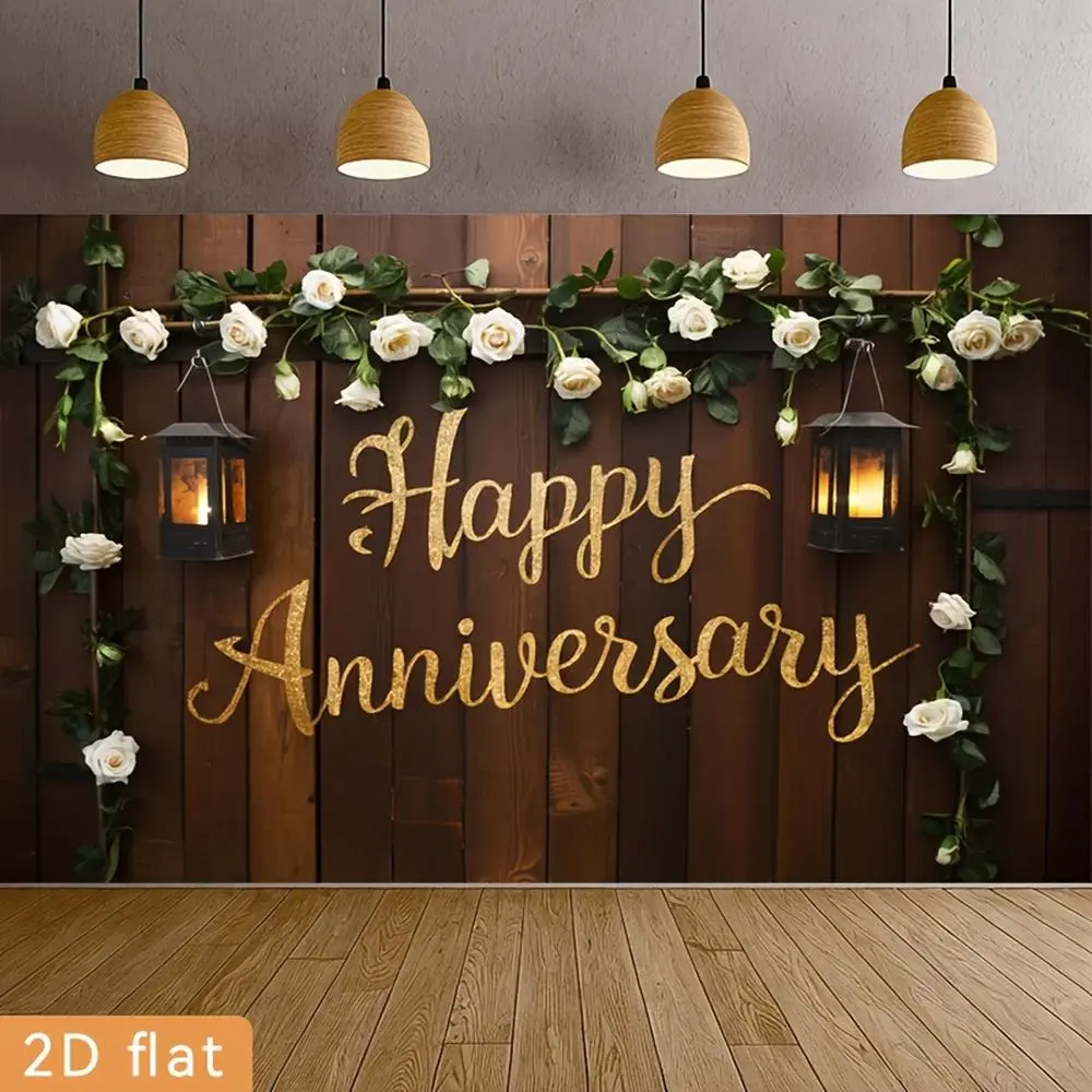 2D Flat Polyester Indoor Anniversary Backdrop Banner - HD Print, Soft, Lightweight, Foldable Cloth, Rustic Wooden Plank, Elegant White Roses, Botanical Vines, Golden "Happy Anniversary" Text - Home & Festive Supplies, No