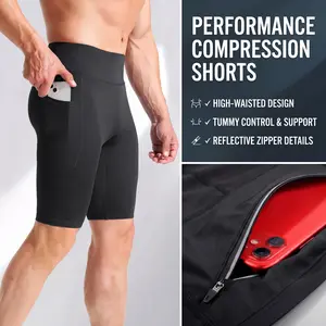 Men's High Waisted Compression Shorts with Phone Pockets| Anti-Chafe Running Biker Shorts| Quick Dry Workout Gym Tights with Back Zipper Pocket