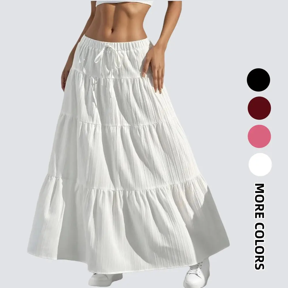 Women's Boho Maxi Skirt Summer Flowy Ruffle Long Skirts Flared Tiered A-Line Elastic High Waist Pleated Beach Skirt SwimWeek summervibes