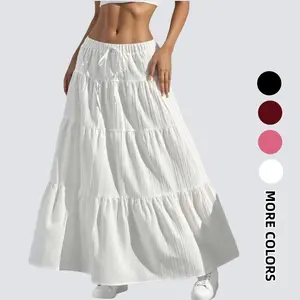 Women's Boho Maxi Skirt Summer Flowy Ruffle Long Skirts Flared Tiered A-Line Elastic High Waist Pleated Beach Skirt