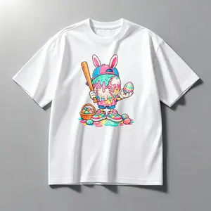 Children's T-shirts Easter Drippy Baseball Bunny Washed Cotton T-Shirt - 100% Cotton Breathable Fun Easter Tee, Rainbow Drip Baseball Head Bunny with Bat & Easter Eggs Graphic for Easter Sunday & Streetwear Style