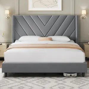 Renwick Queen Size Modern Upholstered Platform Bed with Slat Support, Beige