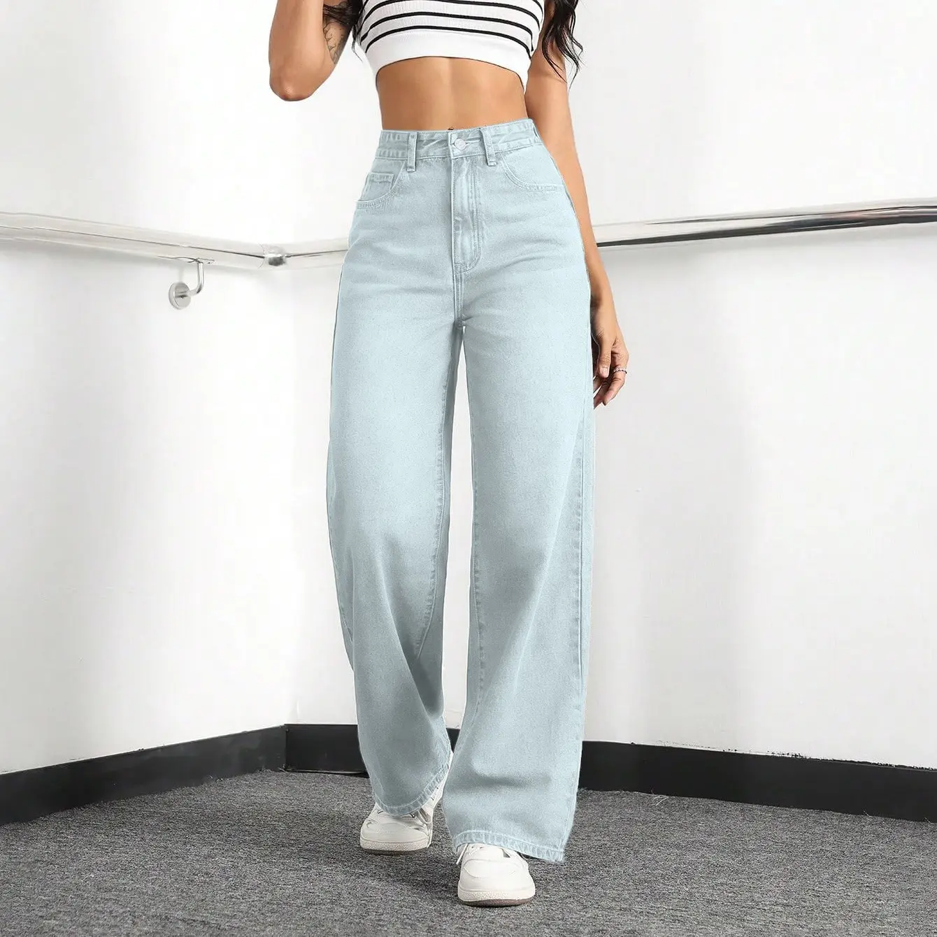 Women's High-Waisted Wide-Leg Jeans, Casual Boyfriend Fit Stretch Denim with Tummy Control, Elastic Waist, and Cuffed Hem, Bottoms, Baggy, Oversized, Basic, Everyday, Comfortable, Boyfriend Jeans, Loose