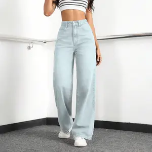 Women's High-Waisted Wide-Leg Loose Stretch Boyfriend  Lightblue Minimalist Basic Bottoms for Daily Wear japanese  cuff   kris  vervet winter fashion comfortable slim jean seven mankind