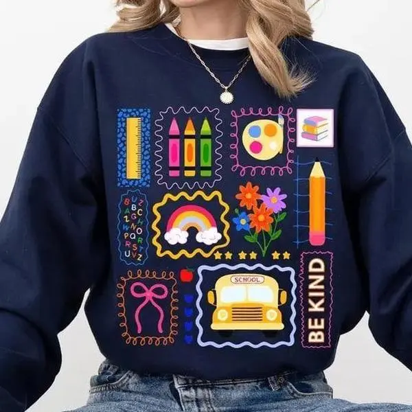 Trendy Teacher Sweatshirt, Colorful Doodle Back To School Sweatshirt, Preppy Coquette Pink Bow Sweater, Cute Elementary Teacher Appreciation Gift, Educator Classroom Apparel, First Day Of School Shirt, Aesthetic Teacher Life Outfit For Women