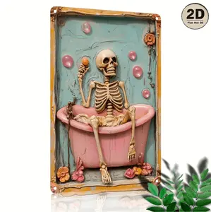 Whimsical Skeleton In Pink Bathtub Metal Wall Art With Bubbles And Floral Accents For Bedroom Bathroom Or Studio Decor