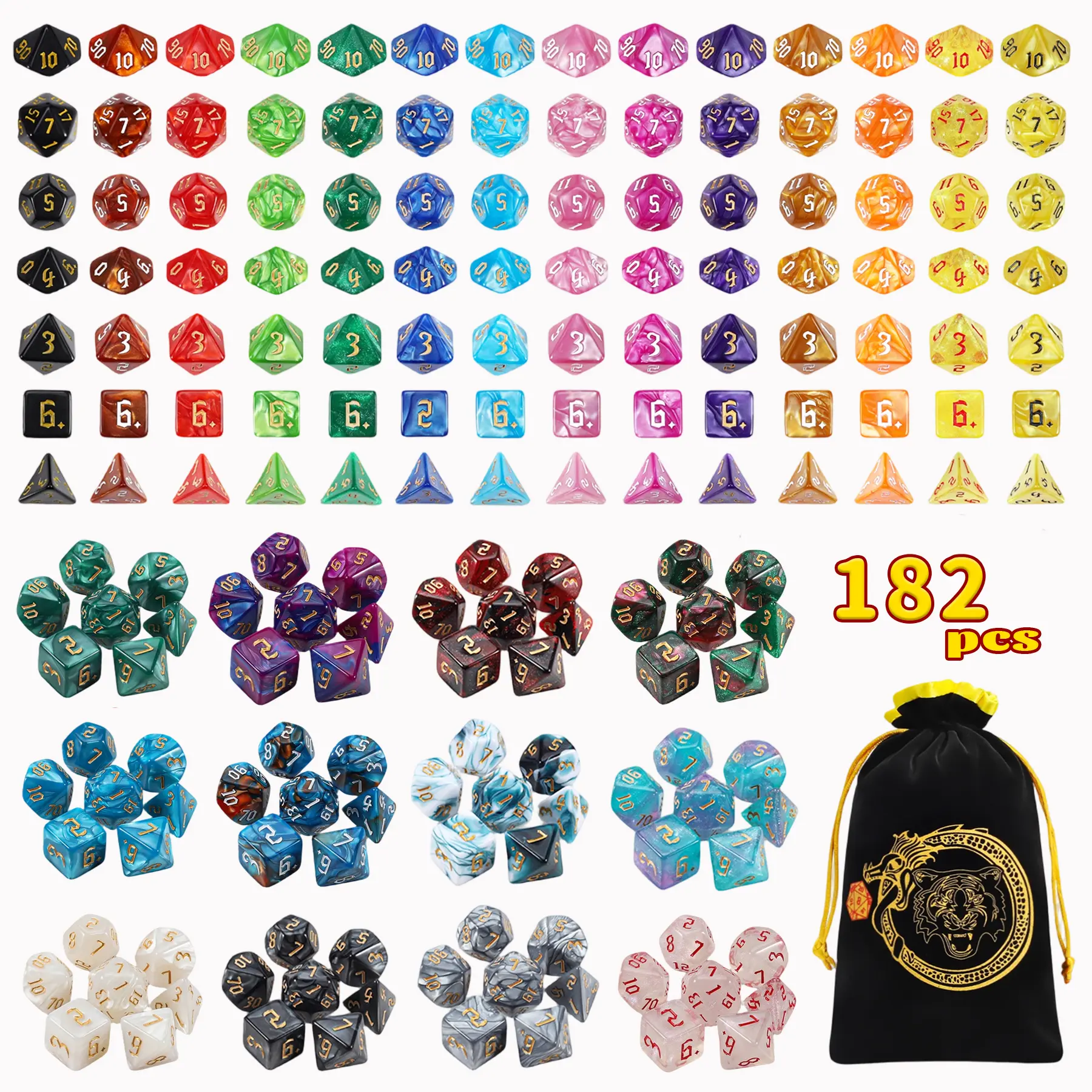CIARAQ Durable Waterproof Gold Acrylic Pearl Finish Polyhedral Dice Set (26 x 7, 182pcs Total) with Large Flannel Bag, Gold and White Painted Large Numbers, Easy to Read for D&D RPG, Yahtzee, Tabletop Games