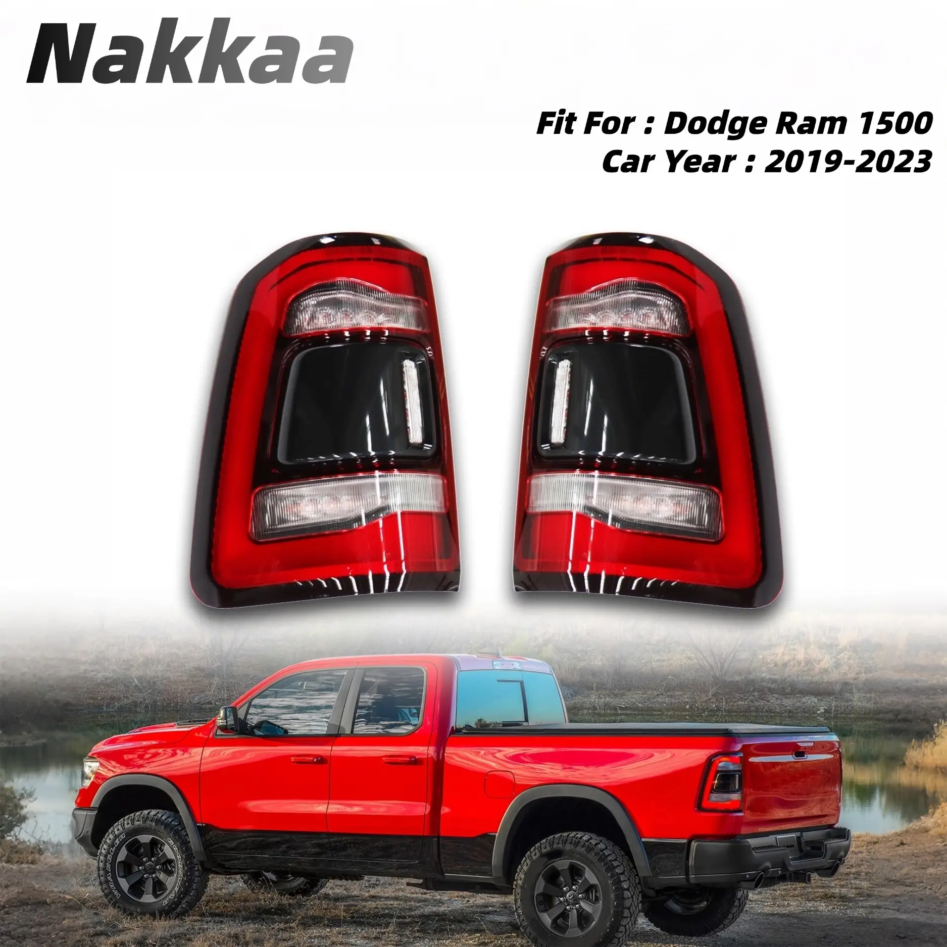 Nakkaa Full LED Brake Signal Tail Lamps for 2019-2023 Dodge Ram 1500, Black PP Housing, Leakproof Multi-Light, Direct Swap, No Blind Spot, Left & Right 1-Pair (2Pcs) or Single-Sided Purchase Option