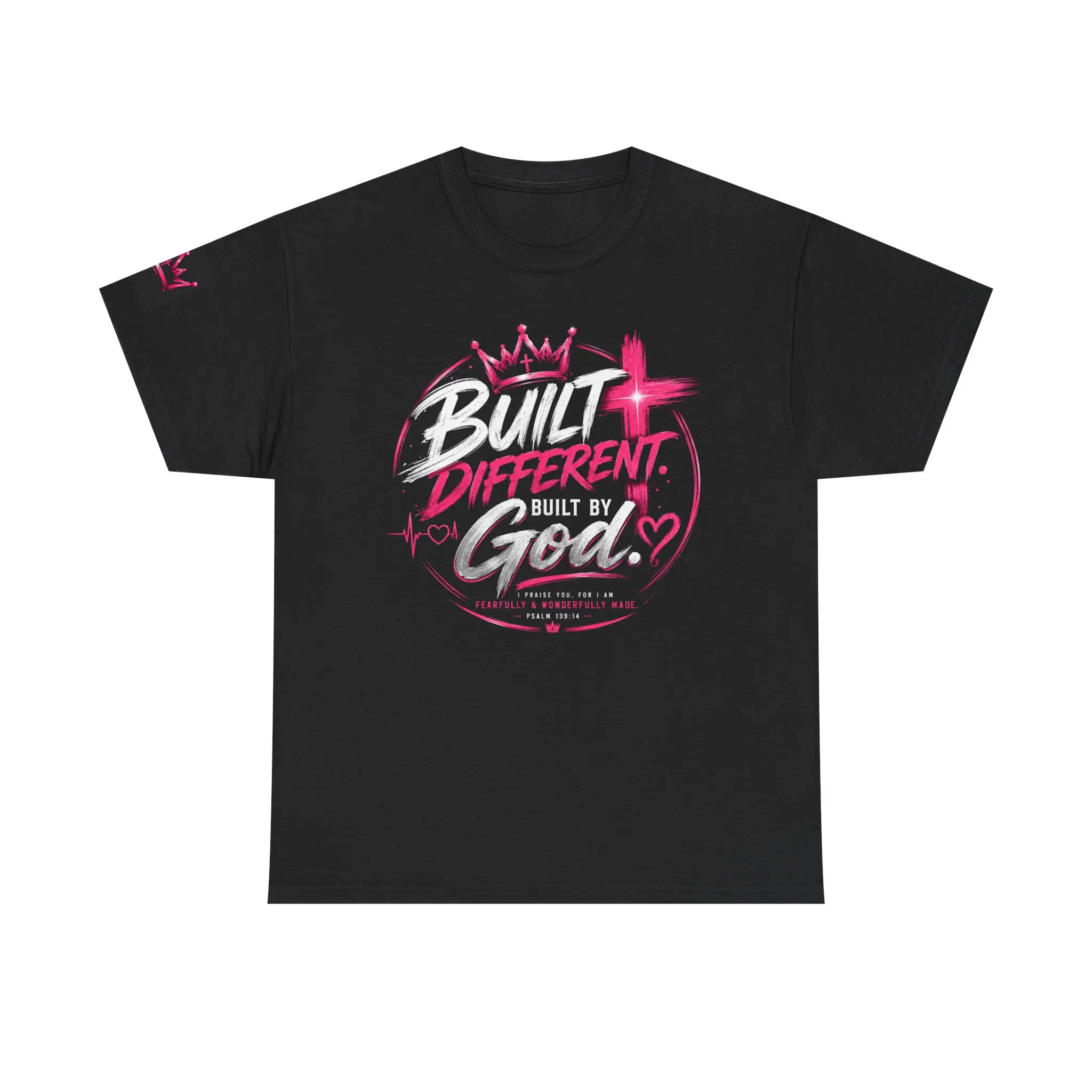 Built Different Built by God Tee | Christian Faith, Pink Crown & Cross Design