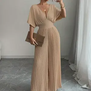 Elegant Solid Color Deep V-Neck Batwing Sleeve Pleated Women’s Jumpsuit – Polyester Fabric