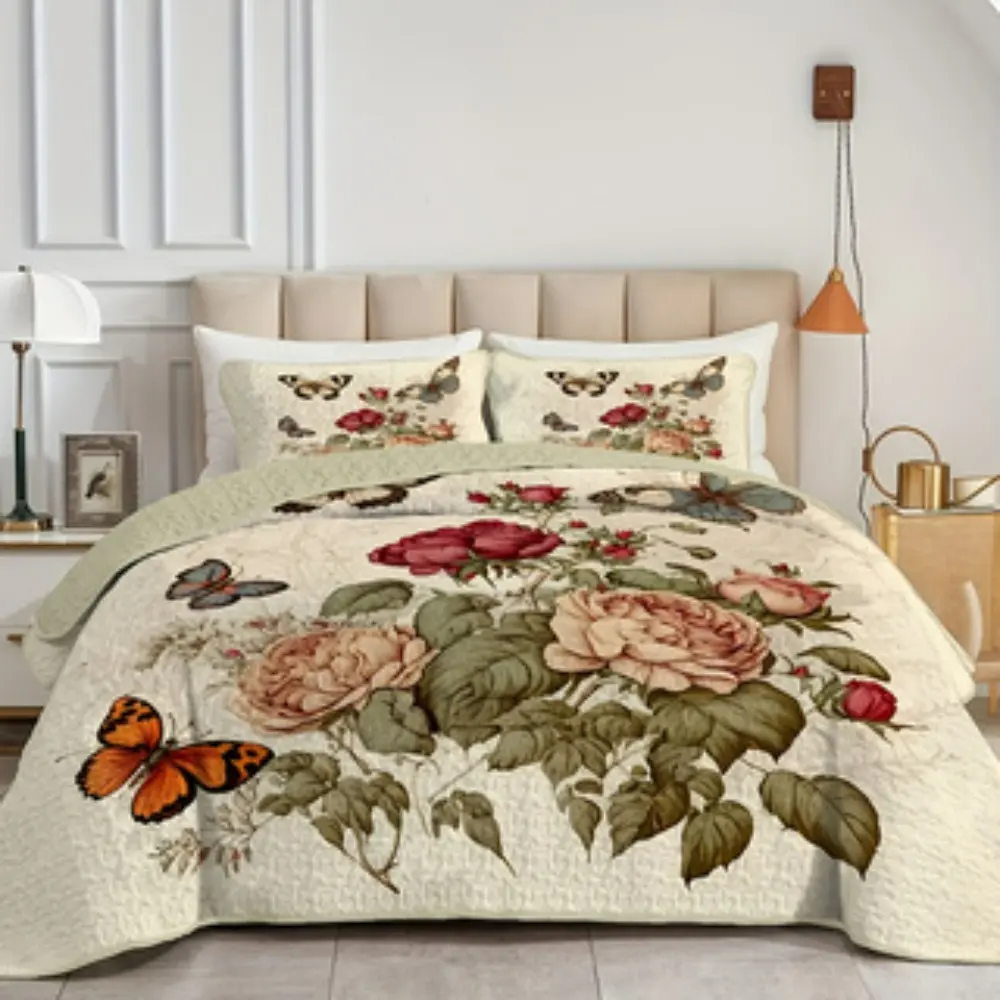 2/3-Piece Peony & Butterfly Quilted Coverlet Set - Elegant Floral-Patterned Bedding, Lightweight & Breathable
