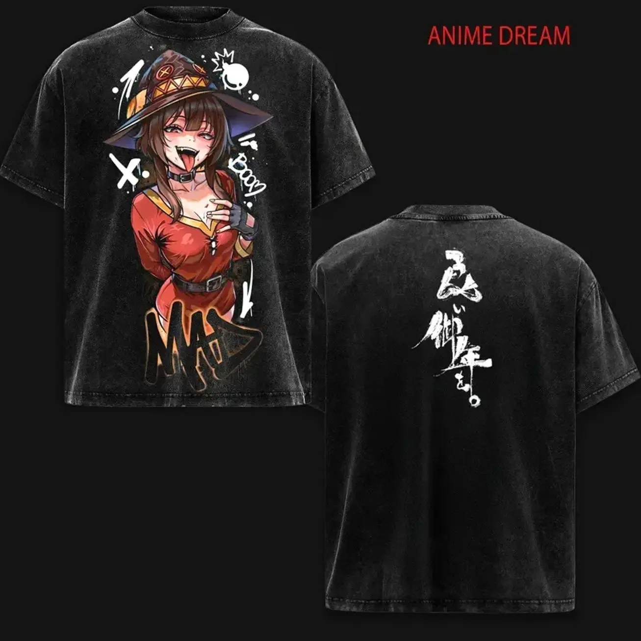 Megumin KonoSuba: God’s Blessing on This Wonderful World! Anime Double Printed Vintage Washed Tee Unisex Oversize Anime Manga Washed Heavyweight Cotton T-shirt 5ZP