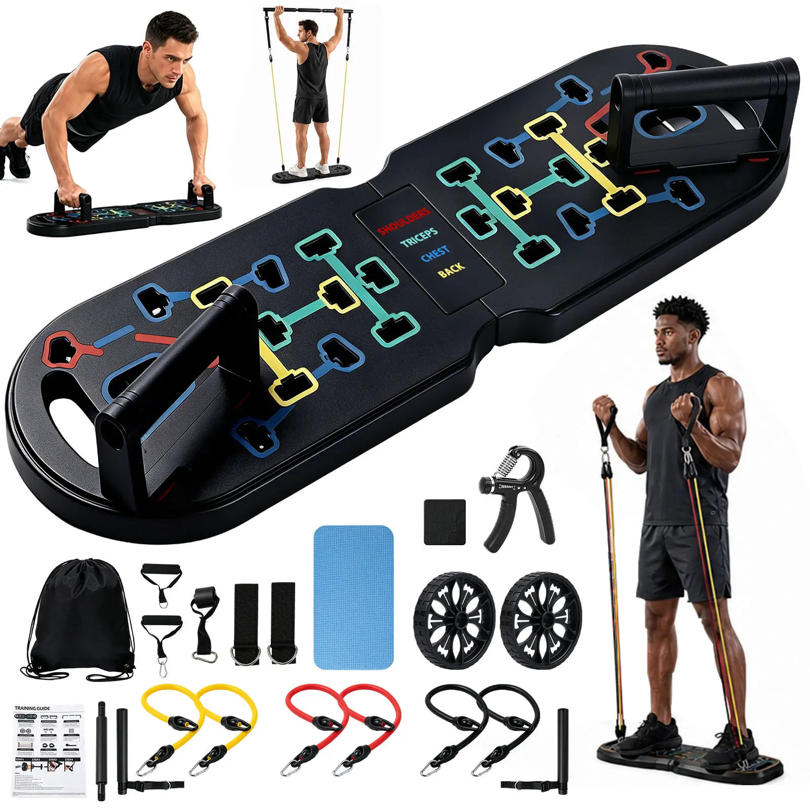 Push Up Board,Home Gym,Portable Exercise Equipment,Pilates Bar and 20 Fitness Accessories with Resistance Bands and Ab Roller Wheel,Full Body Workout at Home