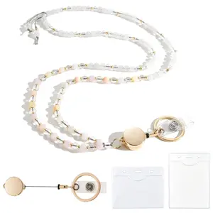 Retractable Lanyards for ID Badges and Keys, Beaded Lanyards for Women Natural Stone, Teacher Lanyard High-Performance Cute Lanyard Morganite – Crystal Beaded Neck Strap with ID Holder, Retractable Badge Reel
