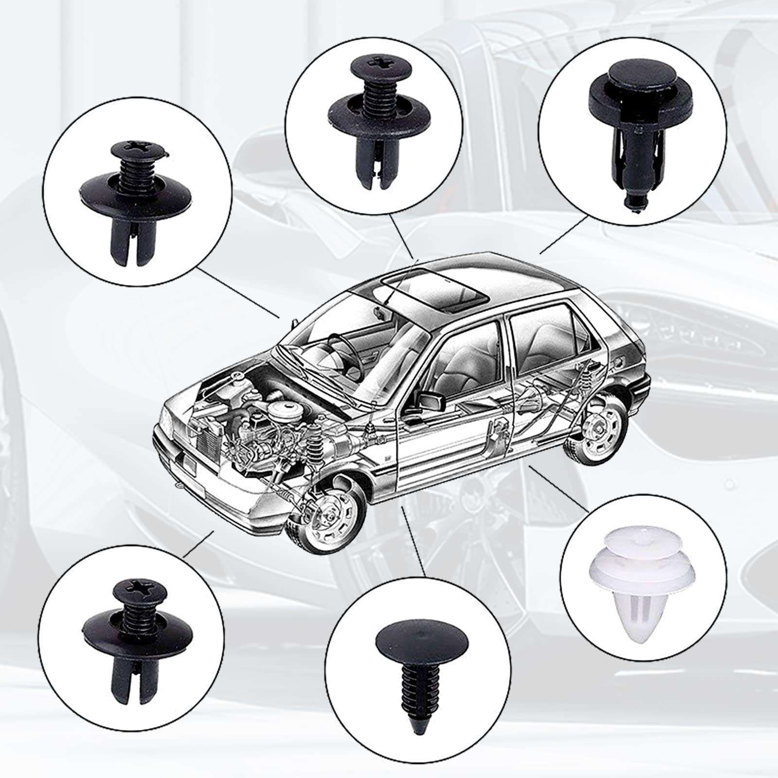 100 PCS Car Bumper Retainer Clips, 6.3mm 8mm 9mm 10mm Nylon Fasteners Rivet Replacement Kit, Push-in Screw Bumper Push Rivet Clip with Removal Tool, Suitable for Most Models (Black)