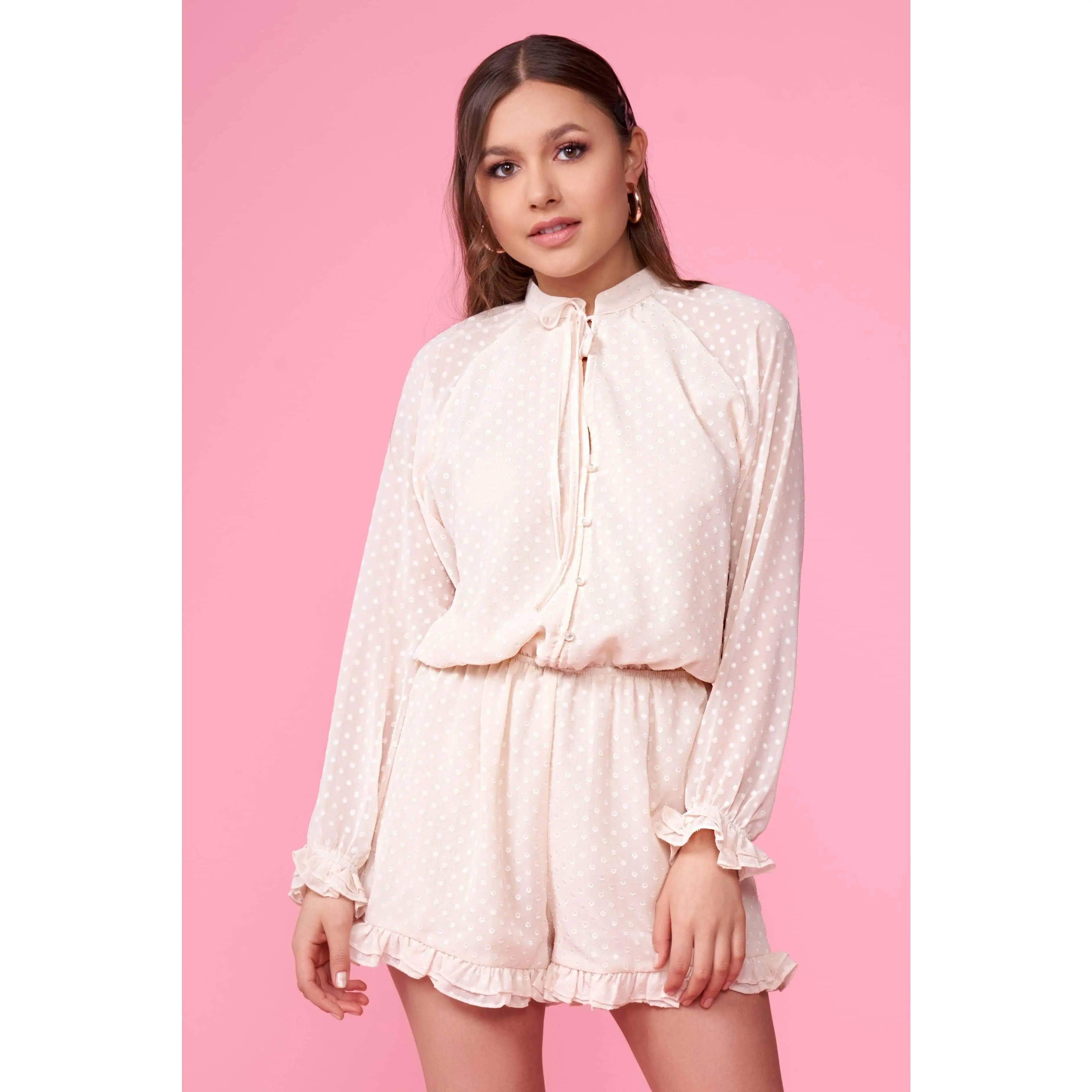 Pom Pom Cream Long Sleeve Romper