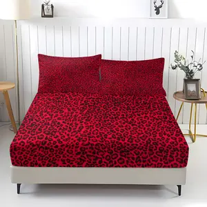 3 Pcs Fiery Red-Black Dense Leopard Print Fitted Sheet Set, 1 Fitted Sheet & 2 Pillowcases (no filler), Dense Leopard Pattern, Fits Bedroom/Homestay/Dorm Decor, Ideal for Passionate Retro Style Fans/Students/Families/Holiday Gifters