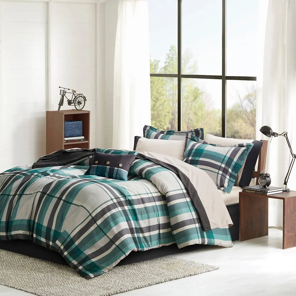 360 stand Twin Size Robbie Plaid Comforter Set with Bed Sheets, 68x86x1in Teal & Black, Intelligent Design ID10-2430, Hypoallergenic Polyester Fiber Fill, for Twin Size Bed Casual Use