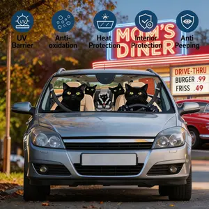 Cat Family Cute Car Sunshade, UV Protection, Roll-Up Polyester, Foldable, Suitable for Rvs and Suvs, Front Windshield Protector