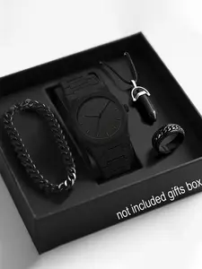 Men's Cool Wristwatch & Bracelet Necklace Ring Set, Fashionable Trendy Accessories, Quartz Watch Set For Daily Wear, Party Gifts, Valentine's Day, Wrist Watch For Halloween