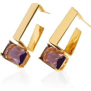 2025 Gold Earrings  Women, 18K Gold Plated Stud Earrings  Women Unique Design, Trendy Purple Square Glass Stud Earrings  Fashion Jewelry Gifts