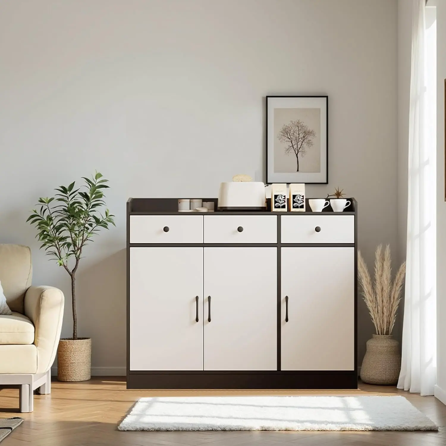 Modern Black and White Freestanding Cupboard - Sideboard Buffet Cabinet with Adjustable Shelves, Anti-Tip Design, Buffet Storage Cabinet for Living Room, Dining Room, Modern Sideboard Buffet
