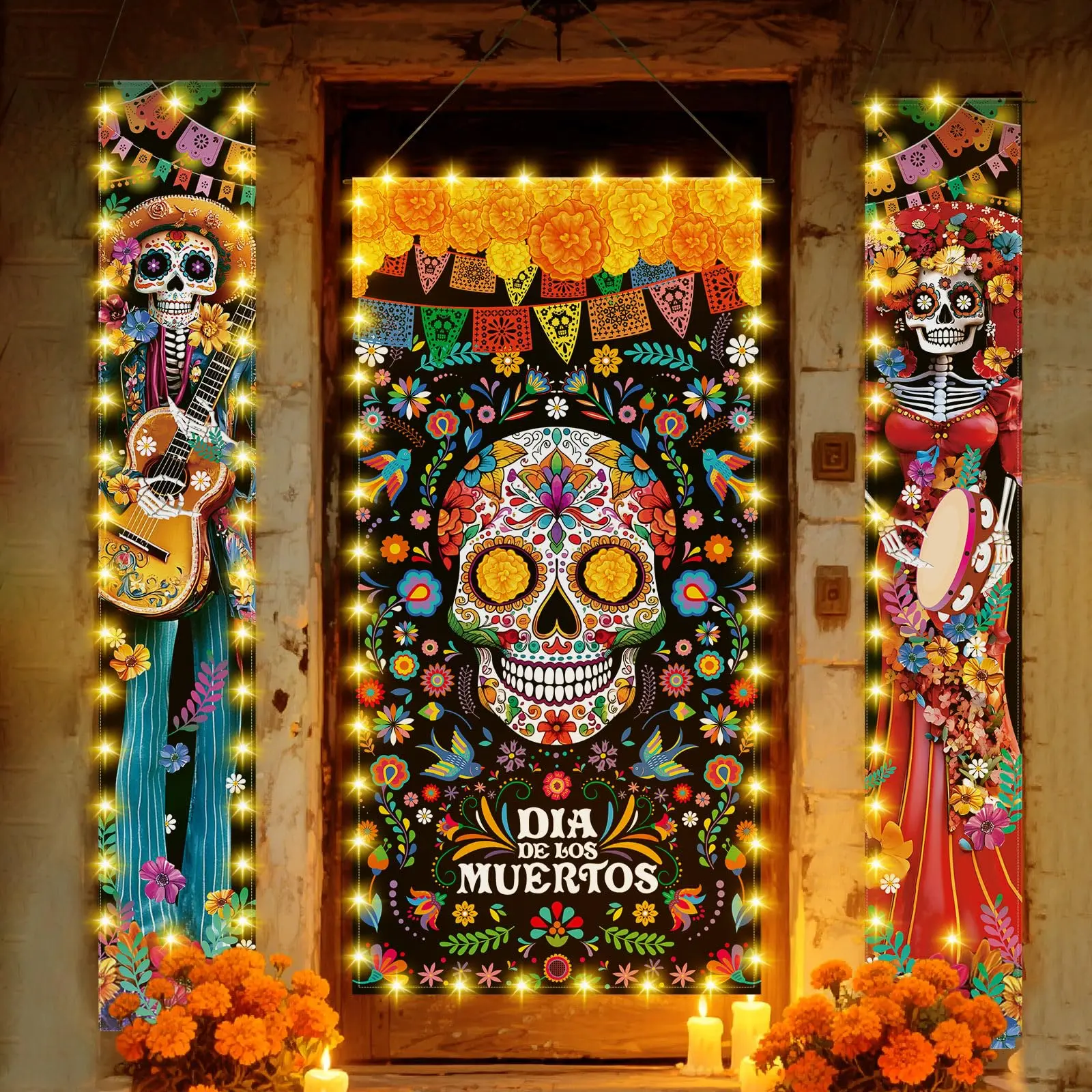 Day of the Dead Porch Banner Dia De Los Muertos Door Cover Decorations with LED Lights Mexican Dia De Los Muertos Altar Party Porch Sign Halloween Sugar Skull Door Banner Backdrop for Fiesta Party