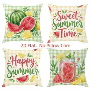 4pcs,  Summer Fruit Themed Throw Pillow Covers, Watermelon, Lemon Pattern, "Sweet Happy Time"&"Happy Summer" Text Design, Home Summer Décor Products, Suitable Living Room, Bedroom, Sofa and Bed Decoration, 2D Flat, Single Sided Printing, No Pillow Core
