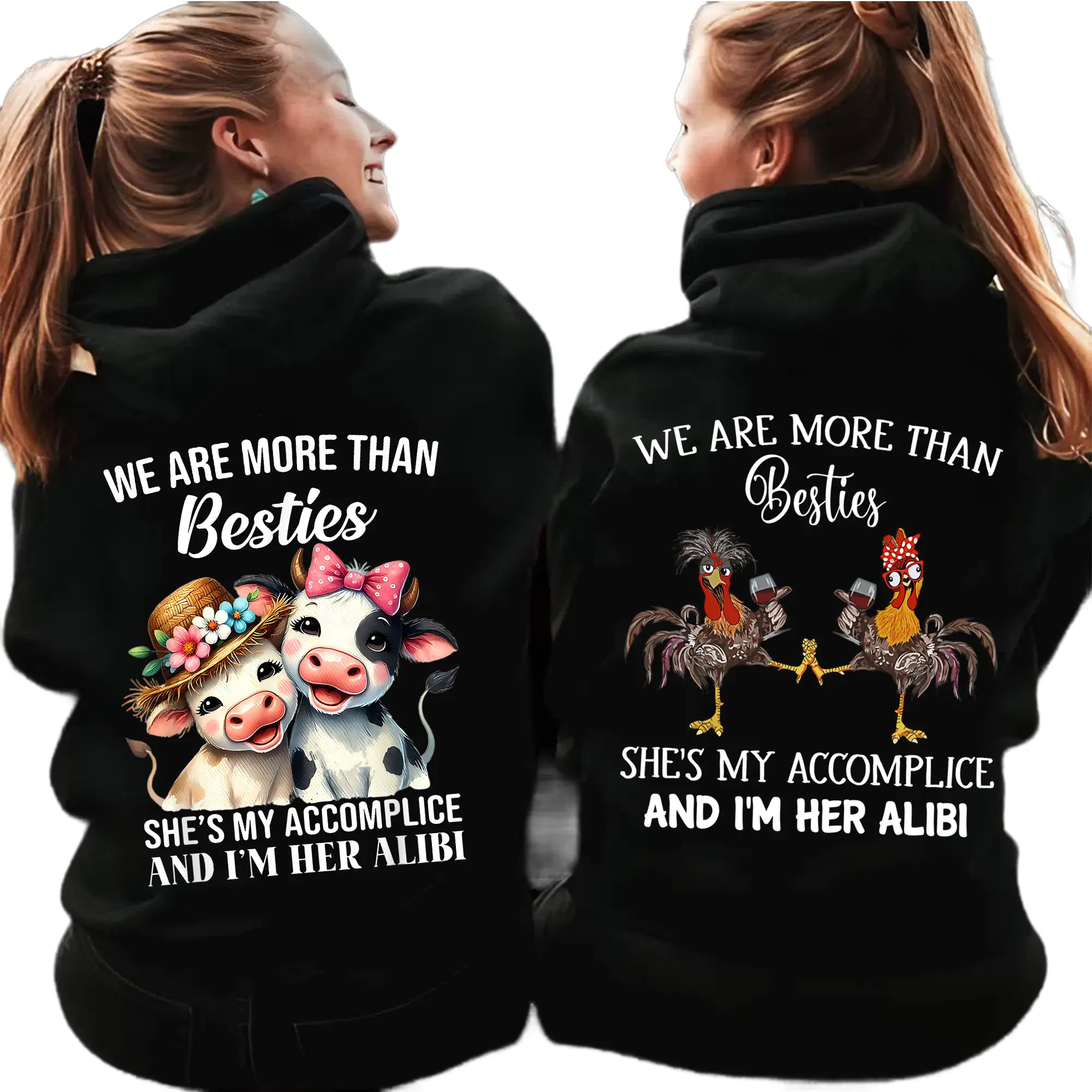 We’re More Than Besties Hoodie, She’s My Accomplice and I’m Her Alibi Funny Matching Pullover, Best Friend Duo Gift for Women and Friends, Made in USA