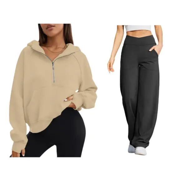 ZEAGOO Women's Oversized Lounge Set, Fleece Half-Zip Cropped Hoodie and High Waist Wide Leg Yoga Pants with Pockets, Fit, Elastic, Adjustable, Zipper, Loose Fitting Women's Sportswear Set, Fabric, Quarter Zip, Tall, Fleece Lined
