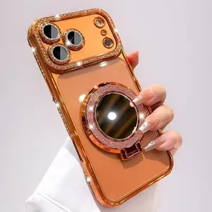 Luxury Rhinestone Phone Case for iPhone 17 Pro Max/16 Pro, Shiny Makeup Mirror Stand, Magnetic Stand, Lens Protector, Transparent Full Coverage Anti-Drop