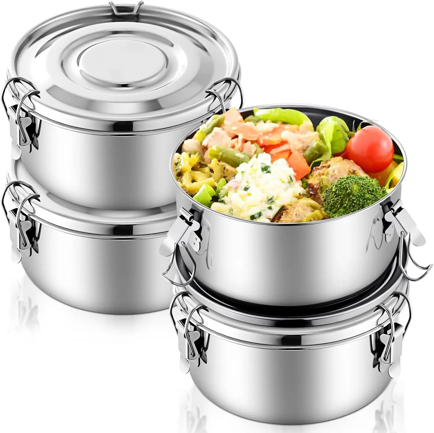4 count Small Stainless Steel Bento Box 13 oz  304 Stainless Steel  Storage Containers with Lockable Clips to Leak Proof, Dishwasher Safe