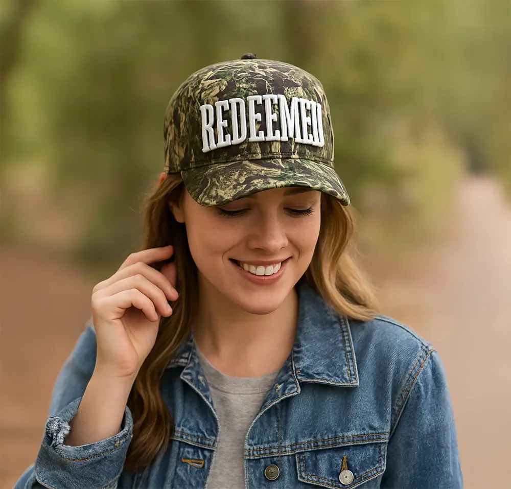 Redeemed Embroidered Retro Trucker Cap 6606 - Structured Six-Panel Mid-Profile Camo Hat with Permacurv Visor & Adjustable Snapback Closure