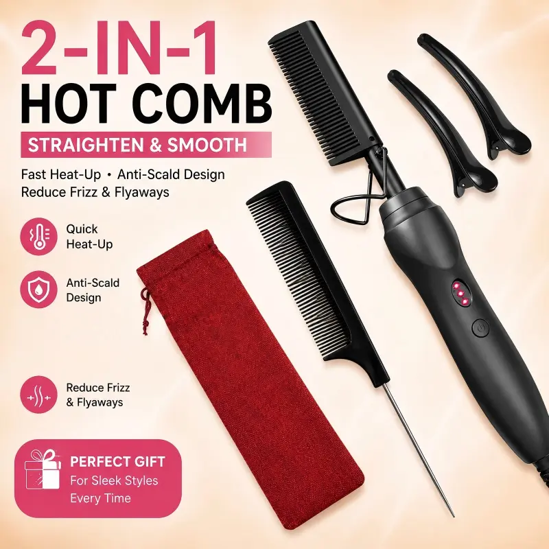 Hot Pressing Comb for Black Hair, Electric Hair Straightener Comb for Curly Coily Hair, Home Salon Styling Tool  ：