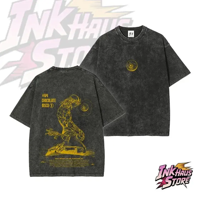 SBR JJBA Manga Chapter 64 “Chocolate Disco” Diego Brando Vintage Washed T-Shirt – Steel Ball Run Anime Graphic Tee, Unisex Retro Washed Cotton Shirt, JoJo Manga Streetwear Tee for JJBA Fans
