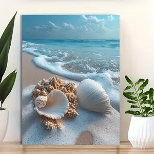 1pc 12x16 Inch Framed Canvas Wall Art - Sea Shells on White Sand Beach Panoramic Print, Ready to Hang Ocean Decor with Vibrant Coastal Scene & Turquoise Waters, Peaceful Beach House Wall Art for Living Room, Bedroom, Bathroom, Serene Home Accent	