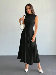 PETITE Women's Elegant Pleated Midi Dress - Sleeveless High Neck A-Line Dress, Tight-Fitting Waist Formal Party Dress, Chic Business Casual Outfit, Evening and Wedding Guest Attire