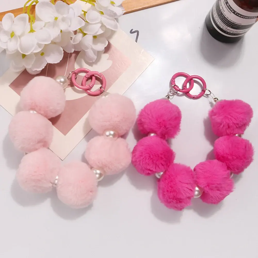 Purple Sweet Plush Ball Phone Lanyard with Acrylic Pearl Bag Charm, Adjustable Size Durable Wrist Strap - Phone Accessories for Smartphones, Wallets, Ideal Gift for Girls (TikTok, Black Friday)