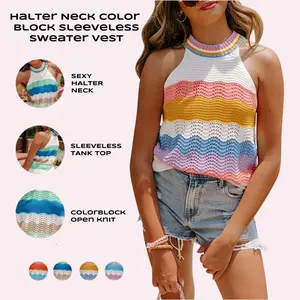 Imily Bela Women’s Halter Neck Sweater Vest Color Block Sleeveless Loose Knit Tank Top