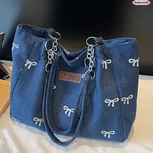 Denim Shoulder Bag for Women – Versatile Large-Capacity Washed Canvas Tote, Stylish Japanese Blue Commuter & Shopping Bag, Perfect for Daily Use